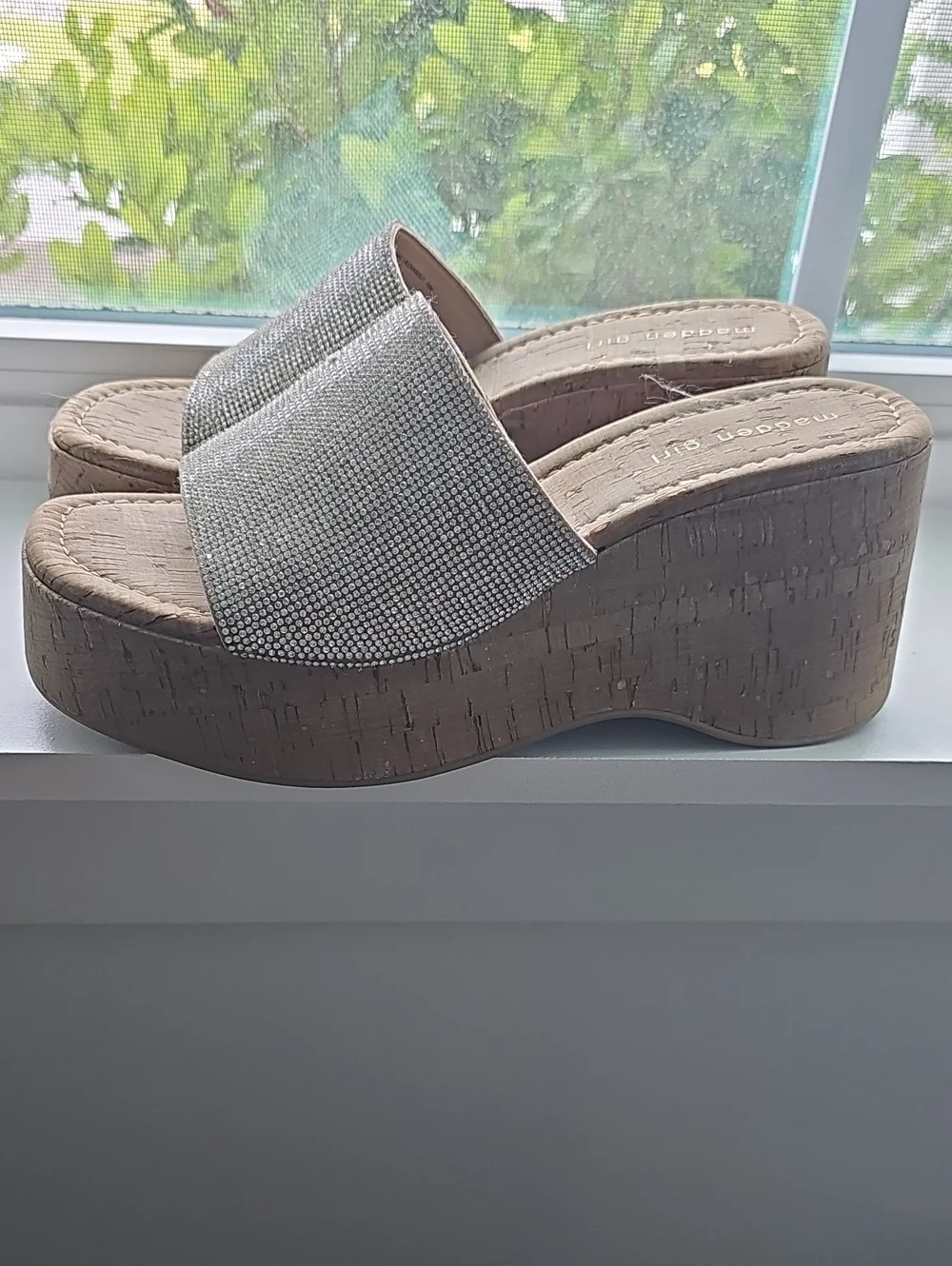 Madden Girl Sparkling Silver Soft Glass Upper,Cork-Platform Slide Sandals